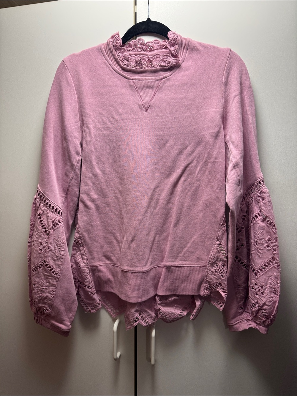 Anthropologie Dusty Rose Lace-Trim Mock Neck Sweatshirt
